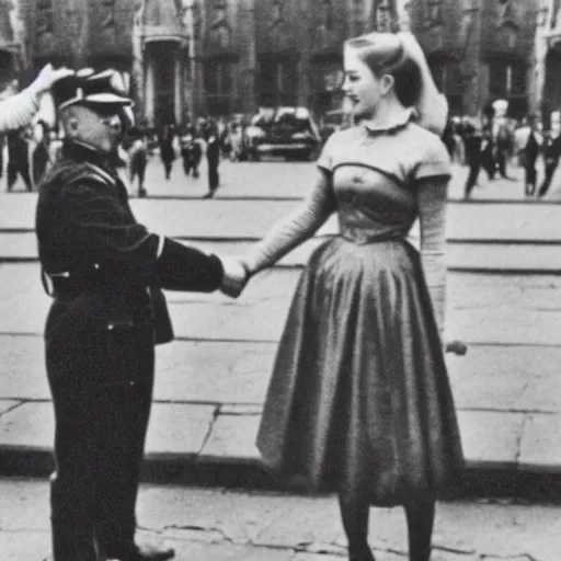 Prompt: monochrome vintage photograph of ariana grande and adolf hitler shaking hands in berlin, 8 k, very detailed, very intricate,