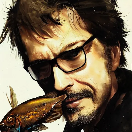 Prompt: a german guy with very long brownish! hair, with glasses and very - short beard holding a flounder fish! painting by yoji shinkawa, alphonse murac, craig mullins, sui ishida, yoshikata amano, collaborative painting, very detailed and high quality, 4 k, 8 k, artstation