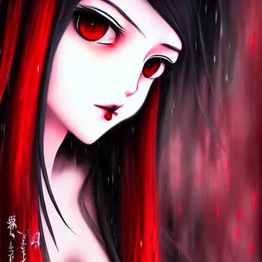 Image similar to beautiful seductive female ghost, in the rain, highly detailed, painting, dark red and black color palette, intricate, high quality 3 d anime artstyle, in the style of sana takeda