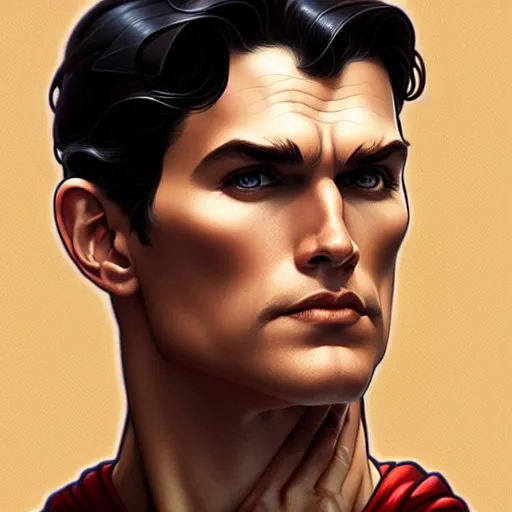 Image similar to symmetry!! front - faced portrait of superman, intricate, elegant, highly detailed, my rendition, digital painting, artstation, concept art, smooth, sharp focus, illustration, art by artgerm and greg rutkowski and alphonse mucha