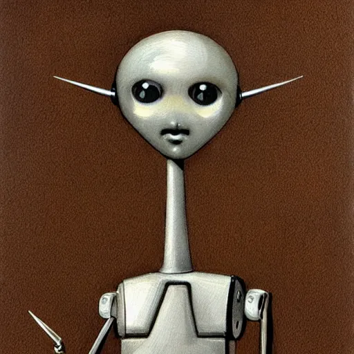Image similar to a skinny outdated awkward robot with joints that creak and a triangular head with 2 antenna, painting by Ed Binkley