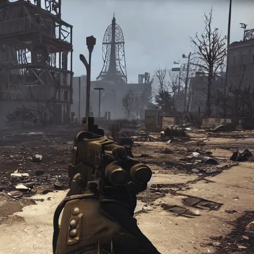 Image similar to Paris in ruins post-nuclear war in Fallout 4, in game screenshot