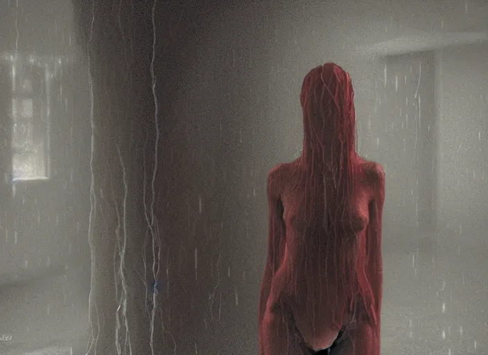 Image similar to rgb, woman, rain!!!!, cinematic, movie scene, inspired by zdzislaw beksinski, clothes made out of veins,, cables everywhere, bedroom, ultra realistic, concept art, intricate details, highly detailed, photorealistic, octane render, 8 k