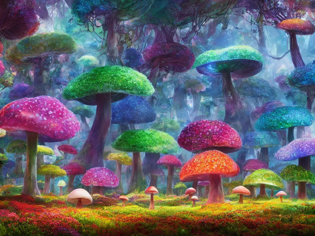 Image similar to a beautiful otherworldly fantasy landscape of giant luminous mushroom trees forming canopies over bright colorful mythical sprouted floral plants and colorful foliage on the ground, like alice in wonderland, extreme detail, studio ghibli and pixar and abzu, rendering, cryengine, deep color, vray render, cinema 4 d, cgsociety, bioluminescent