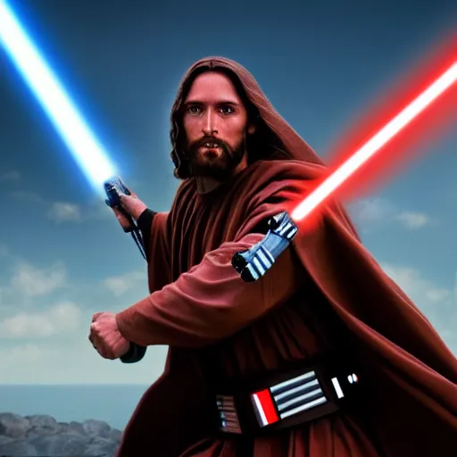 Image similar to jesus christ our lord and savior fighting the sith from star wars, 4 k, high resolution, still, landscape, hd, dslr, hyper realistic