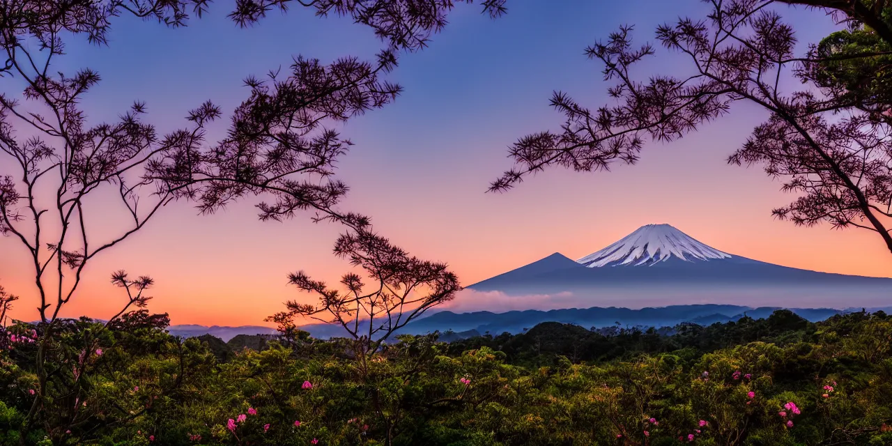 Prompt: pink sunset mt fuji, eucalyptus trees, tropical forest in the background with mountains, hilly meadows with flowers, the moon in the sky, cinematic lighting, hd 4k photo