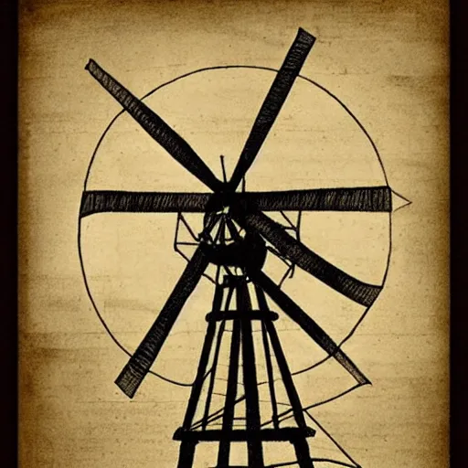 Prompt: old pencil sketch by leonardo davinci of a windmill, detailed technical sketch, anotation, quotes, monochromatic, sepia tones, old paper