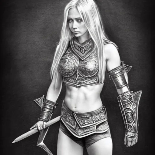 Image similar to a realistic pencil drawing of a female valkryie, extremely pronounced nordic feminine features, midriff, ornate metal chest plate, low dutch angle, face in focus, natural lighting, realism, feminine and muscular