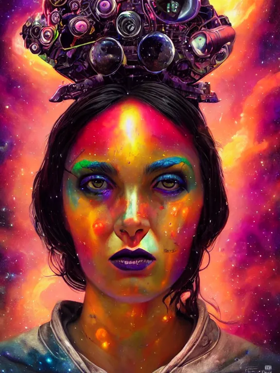 Prompt: art portrait of space girl with purple eyes, with nuclear explosion exploding out of head,8k,by tristan eaton,Stanley Artgermm,Tom Bagshaw,Greg Rutkowski,Carne Griffiths,trending on DeviantArt,face enhance, face twisted in fury, hyper detailed, blade, full of colour