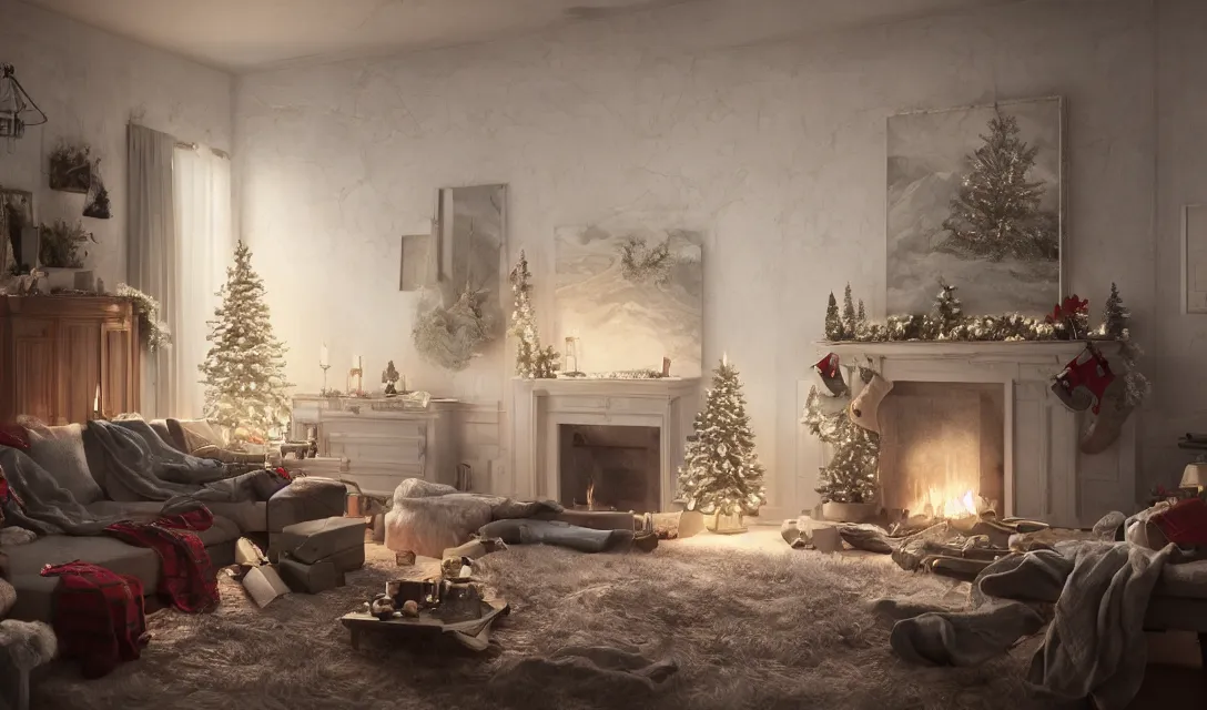 Image similar to a christmas eve in a beautiful home, photorealistic landscape painting on the wall, ascher clemens, home, interior, octane render, deviantart, greg rutkowski, cinematic, key art, hyperrealism, canon eos c 3 0 0, ƒ 1. 8, 3 5 mm, 8 k, medium - format print