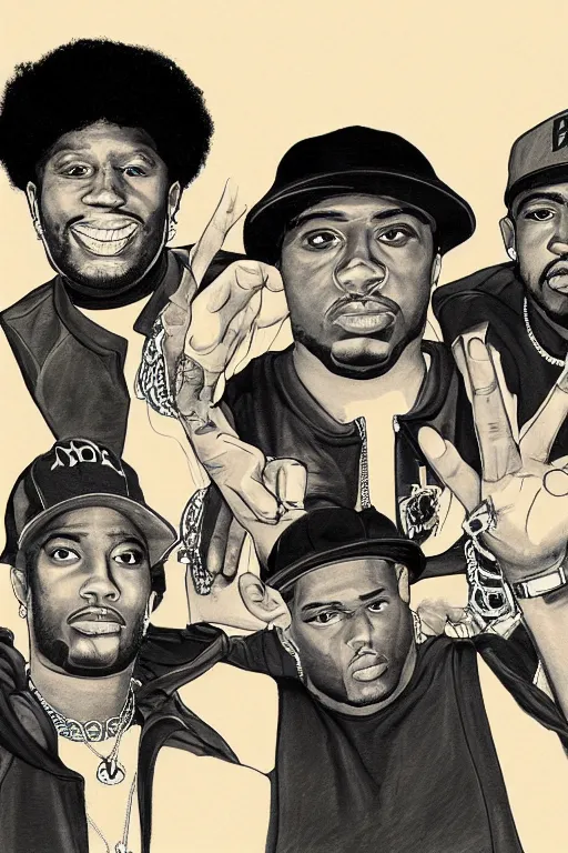 Prompt: a professionally drawn digital art image of the NWA rap group but they’re women, intricate, digital painting, trending on instagram, front photo, sharp focus, 1986 photo, award winning