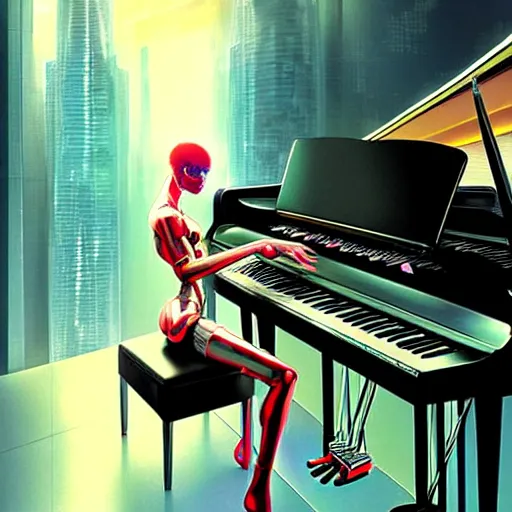 Prompt: a cyborg playing the piano in a futuristic apartment, award winning art, 8k, highly detailed, sharp focus, cinematic lighting, UHD, in the style of Amano and Ayami Kojima and Karol Bak, art by Mark Brooks with vivid colors and crisp details smooth