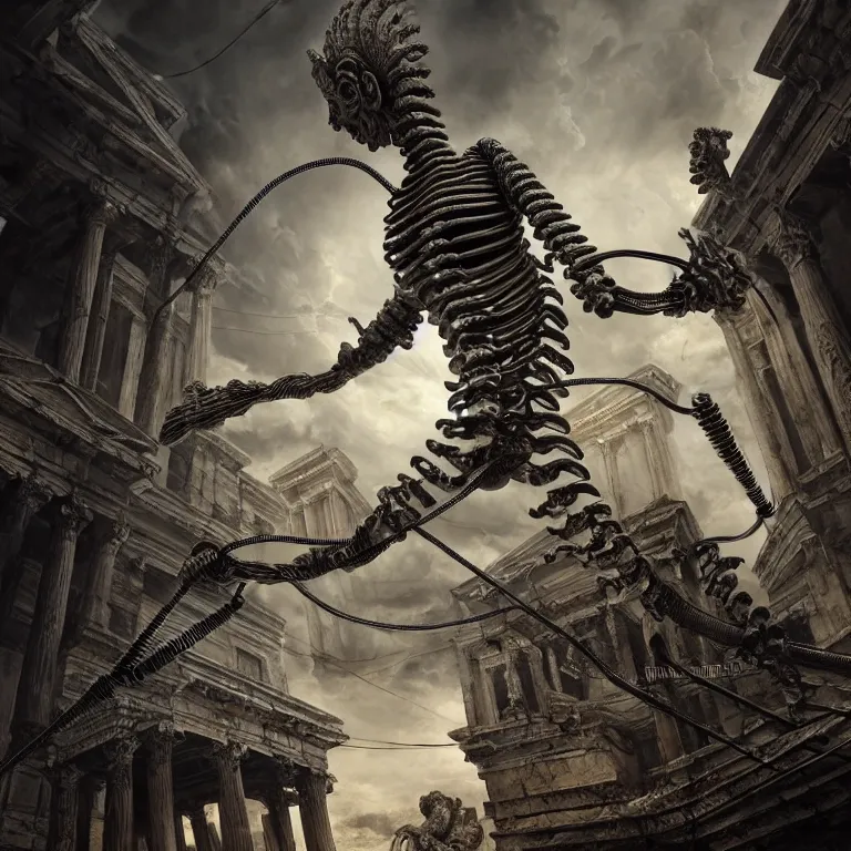 Prompt: ancient greek spine spinal statue covered with wires, surreal abandoned buildings, dark dramatic clouds with columns of light, dream-like heavy atmosphere, baroque painting, beautiful detailed intricate insanely detailed octane render trending on Artstation, 8K artistic photography, photorealistic, dramatic volumetric cinematic light, chiaroscuro, Raphael, Caravaggio, Beksinski, Giger