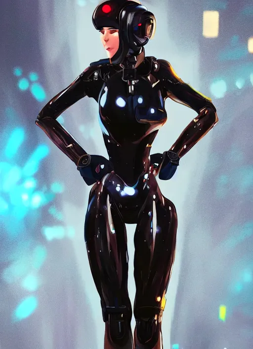 Prompt: Digital painting of a female mech pilot in a black latex bodysuit, by Ross Tran, WLOP, concept art, Artstation, 00s anime, bokeh background, complementary rim lighting, posing, no helmet