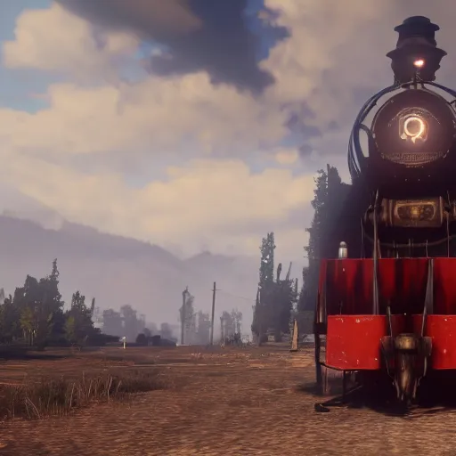 Image similar to futuristic sleek steam locomotive in red dead redemption 2