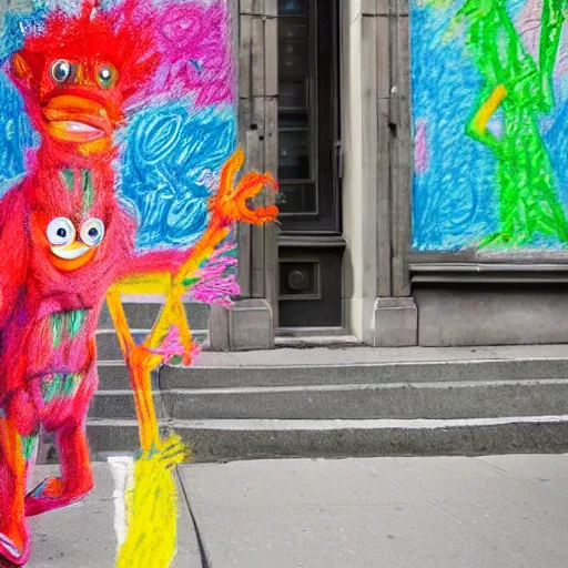 Prompt: a creature made of crayon scribbles walking around the real world in new york in broad daylight
