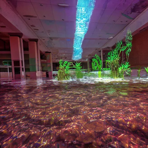 Prompt: abandoned mall, under water, muted lighting, psychedelic, at night, aquatic plants 🪴