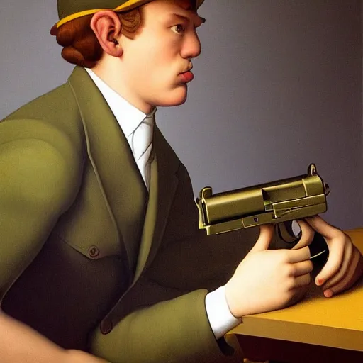 Image similar to a confused young-man weilds a gun by Raphael, Hopper, and Rene Magritte. detailed, romantic, enchanting, trending on artstation.