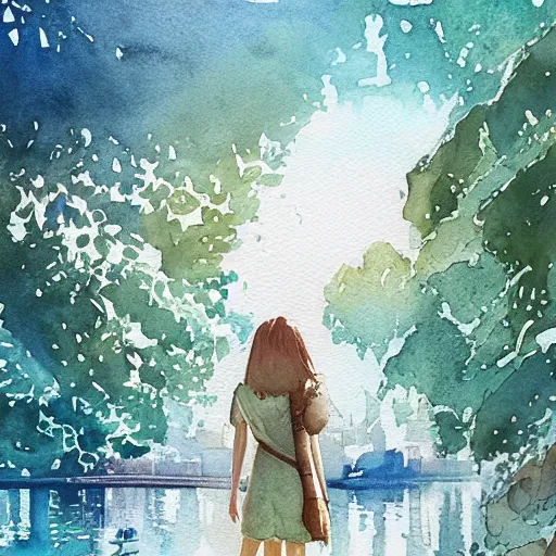 Image similar to Woman in a beautiful happy picturesque charming sci-fi city in harmony with nature. Beautiful light. Water and plants. Nice colour scheme, soft warm colour. Beautiful detailed watercolor by Lurid. (2022)