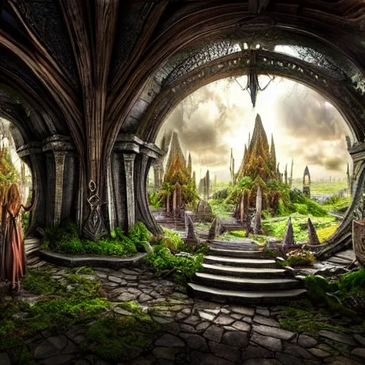 Image similar to inside a magical elven city, highly detailed, 4k, HDR, award-winning, hyper realistic