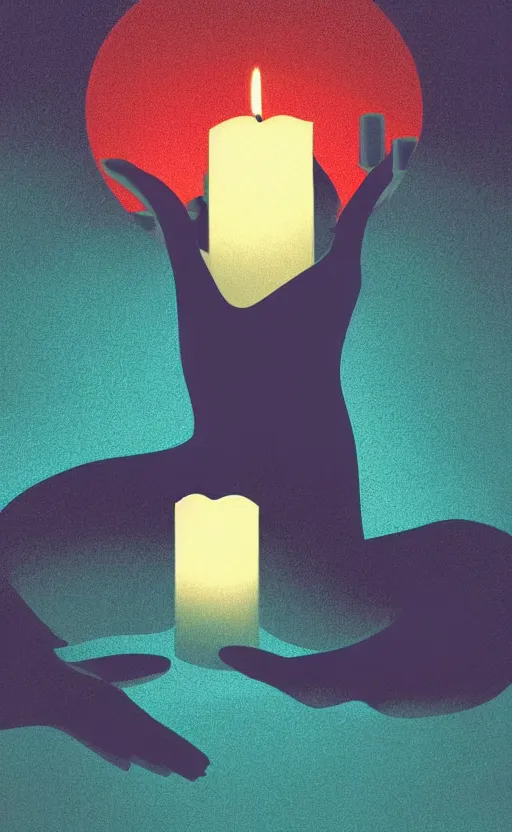 Image similar to illustration with beautiful scented candles, close - up photo in cozy interior, candle lighting, shadow play, light refraction, mirror, glowing, an art deco painting by tom whalen, trending on behance, art deco, digital illustration, storybook illustration, grainy texture, flat shading, vector art, airbrush, pastel, watercolor, poster