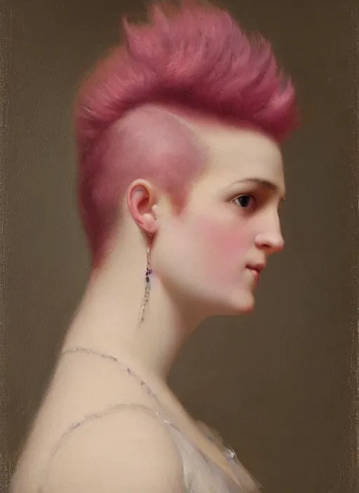 Image similar to a detailed portrait of woman with a mohawk by edouard bisson, year 1 8 9 0, pink hair, punk rock, oil painting, muted colours, soft lighting