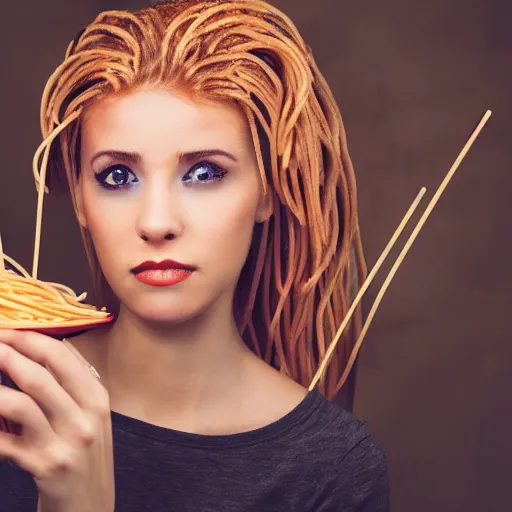 Image similar to a woman with spaghetti as hair, 8 k, 4 k, professional photography, award winning photo