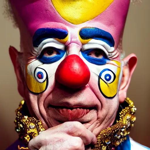 Image similar to UHD candid photo of Klaus Schwab dressed as flamboyant emperor, wearing extremely accurate clown makeup, accurate face, UHD, photorealistic, correct face, photo by Annie Leibowitz