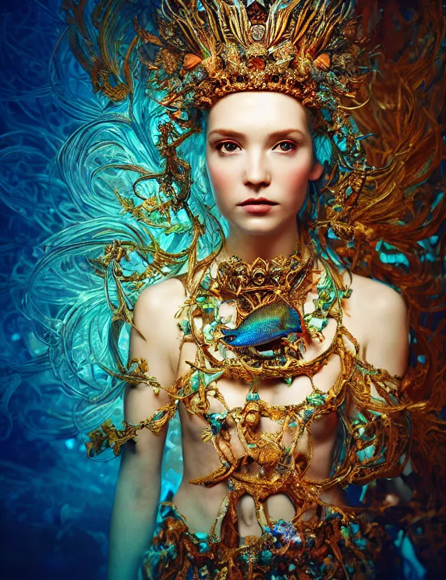 Image similar to blurred background. close-up portrait of a goddess in crown made of skulls. betta fish, phoenix, bioluminiscent creature, super intricate ornaments, by Anne Bachelier by Anka Zhuravleva, Anato Finnstark and Alena Aenami, Bruno Walpoth. unreal engine