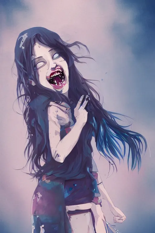 Image similar to urban school zombie girl in tattered clothes fanart, running ,dark blue long hair, muted colors, matte print, pastel colors, ornate, digital art, cute smile, digital painting, fan art, elegant, pixiv, by Ilya Kuvshinov, by Studio Ghibli