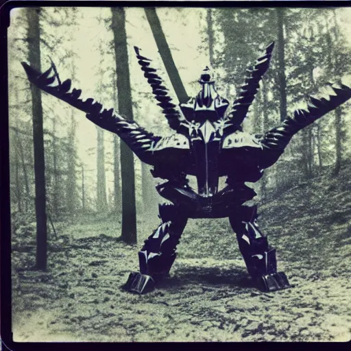 Image similar to polaroid photo of a unicron! in a forest in the 1 9 6 0 s