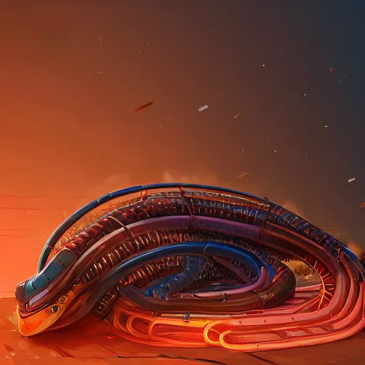 Image similar to a mechanical snake protecting it's nest, natural, digital painting, warm colors, colorful, realistic, handsome, trending on artstation, cyberpunk.