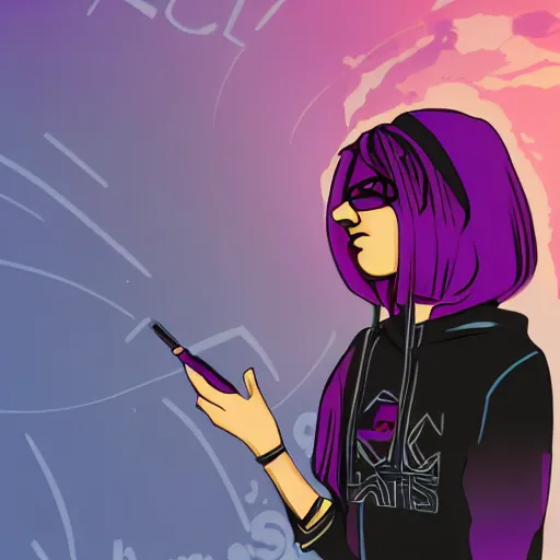 Image similar to poster artwork, sci fi, a female, full body, black hoodie techie, black hair with purple streaks, 8 k