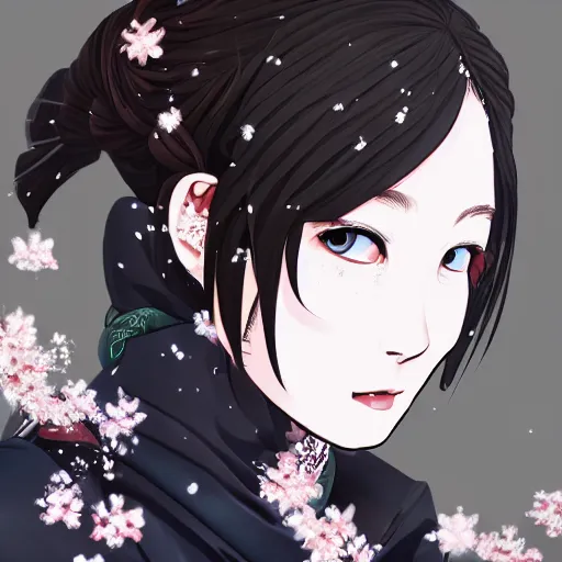 Image similar to a portrait of a techwear hakama princess, beautiful and detailed eyes, with snow forest and cherry blossoms in the background, by kyoto animation, dramatic lighting, manga cover, highly detailed, incredible quality, trending on artstation