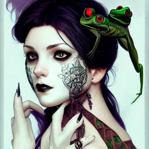 Image similar to attractive goth woman with a frog, intricate, highly detailed, digital painting, artstation, concept art, smooth, sharp focus, illustration, unreal engine 5, 8 k, art by artgerm and greg rutkowski and alphonse mucha