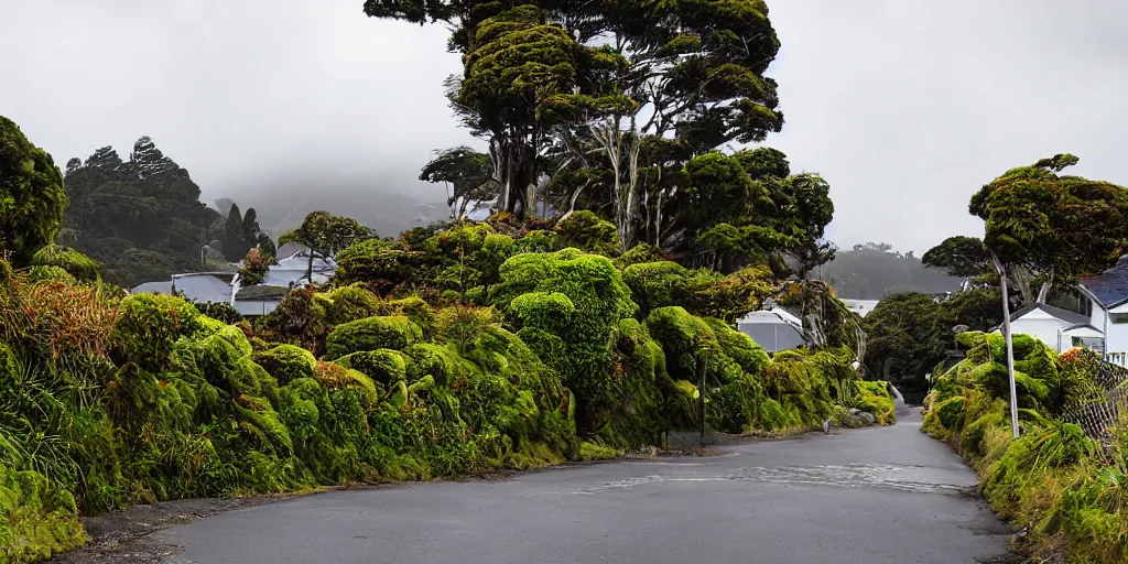 Image similar to a street in khandallah, wellington, new zealand lined by new zealand remnant ancient montane forest. podocarp, rimu, kahikatea, mountain cabbage trees, moss, vines, epiphytes, birds. windy rainy day. people walking in raincoats. 1 9 0 0's colonial cottages. harbour in the distance.