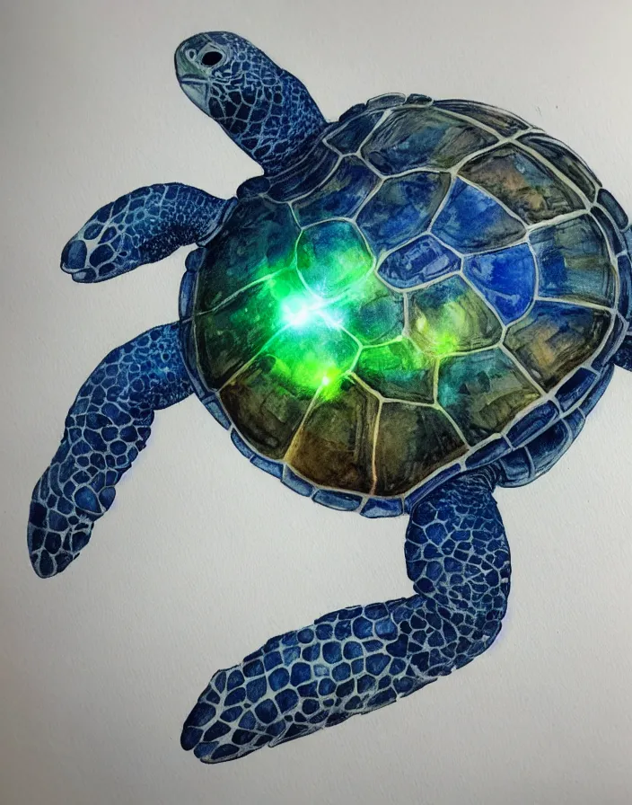 Image similar to turtle goes on a magical journey into a extraterrestrial light prism shadow rhelm, watercolor, ambient lighting, perfect contrast, ultra detailed, trending on art station