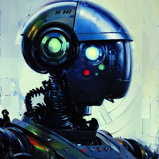Image similar to a portrait of a robot with high tech armor, high detailed greg rutkowski painting, by adrian ghenie and gerhard richter. art by james gurney. masterpiece, deep colours.