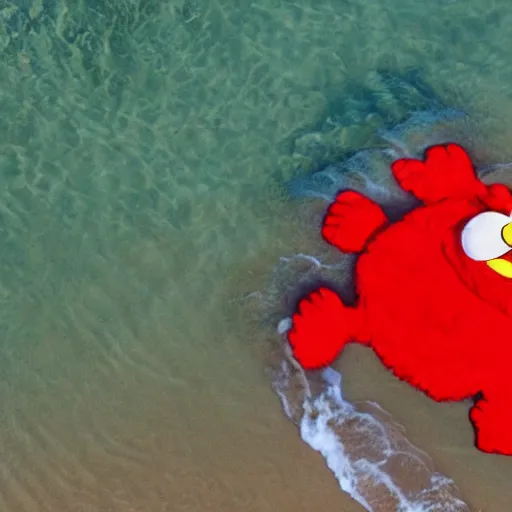 Prompt: cnn news footage of elmo being washed up on shore, view from above, tv