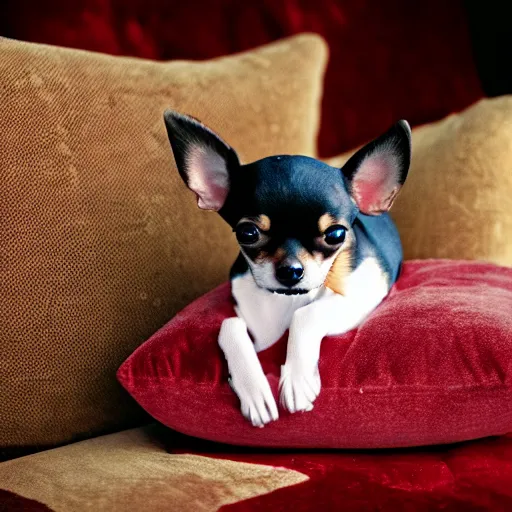 Prompt: a photograph of a small black and tan chihuahua, sat on a red velvet cushion, early morning light, fuji velvia, 50mm focal length