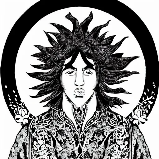 Image similar to black and white pen and ink!!!!!!! Suprani!!!!! wizard Nick Drake wearing High Royal flower print robes flaming!!!! final form flowing ritual royal!!! Contemplative stance Vagabond!!!!!!!! floating magic swordsman!!!! glides through a beautiful!!!!!!! Camellia!!!! Tsubaki!!! death-flower!!!! battlefield behind!!!! dramatic esoteric!!!!!! Long hair flowing dancing illustrated in high detail!!!!!!!! by Hiroya Oku!!!!!!!!! graphic novel published on 2049 award winning!!!! full body portrait!!!!! action exposition manga panel black and white Shonen Jump issue by David Lynch eraserhead and beautiful line art Hirohiko Araki!! Frank Miller, Kentaro Miura!, Jojo's Bizzare Adventure!!!! 3 sequential art golden ratio technical perspective panels horizontal per page