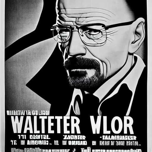 Image similar to walter white in an old noir film poster, movie advertisement poster, black and white