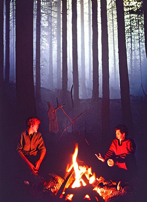 Prompt: portra 4 0 0 film photography, cinematic cannes film festival poster, wide angle lens, 3 friends surrounding a campfire in an opening in the middle of the tall forest, composition by justine kirland, intense shadows cast by campfire,