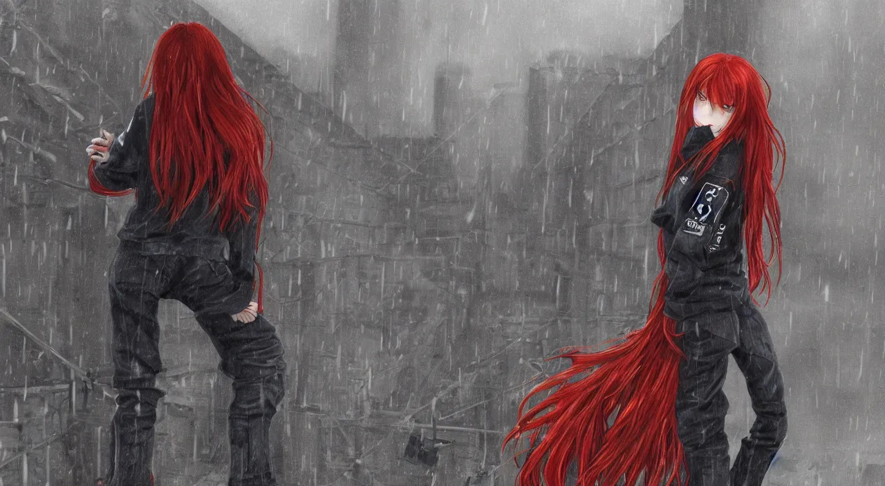 Prompt: a teenager with long red hair wearing baggy black clothes, leaning against a chain fence on a building rooftop, dark grey sky on a rainy day, hd, 8k resolution, grainy, trending on artstation, Drawing by Yoshitoshi Abe