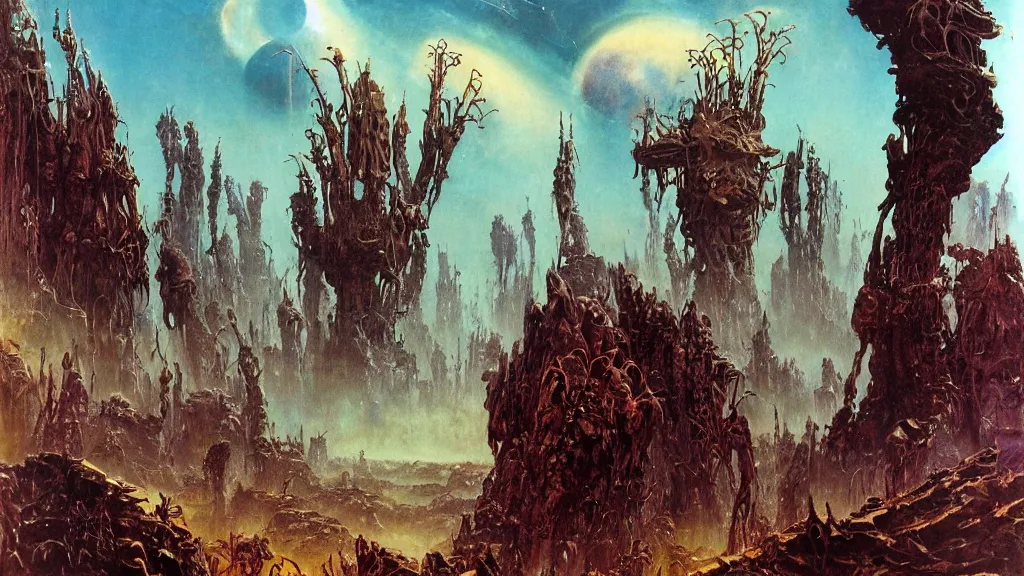 Image similar to surreal eerie alien planet empire with strange biomechanical plants by frank frazetta and bruce pennington, cinematic matte painting