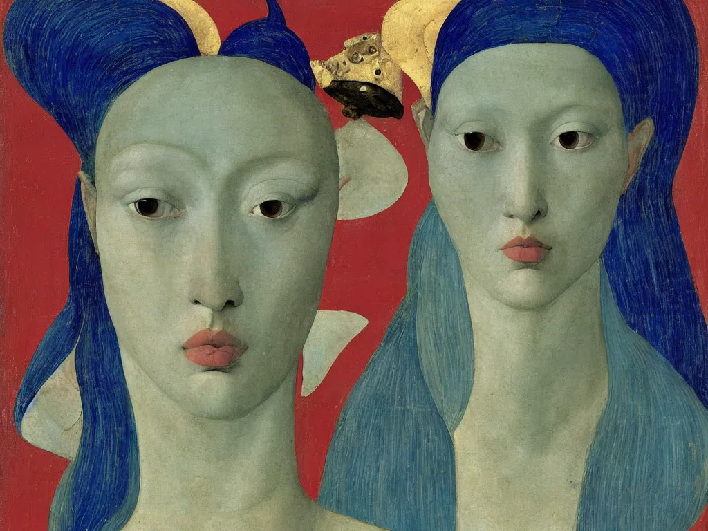 Image similar to portrait of a woman head with close up exotic southern blue devil fish. lapis lazuli, malachite, cinnabar, gold. painting by piero della francesca, balthus, agnes pelton