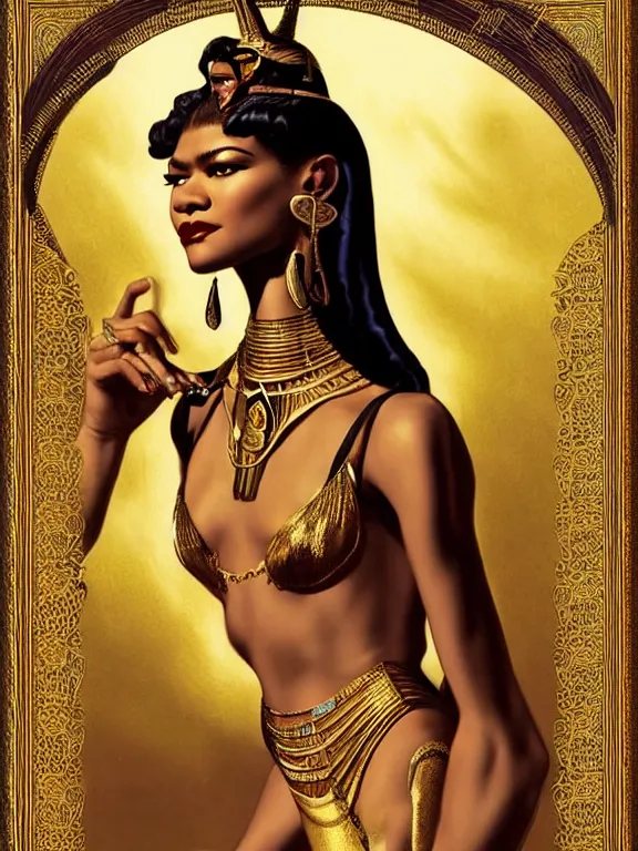 Image similar to Zendaya as Bast the Egyptian goddess, a beautiful art nouveau portrait by Gil elvgren, moonlit Nile river environment, centered composition, defined features, golden ratio, intricate gold jewlery