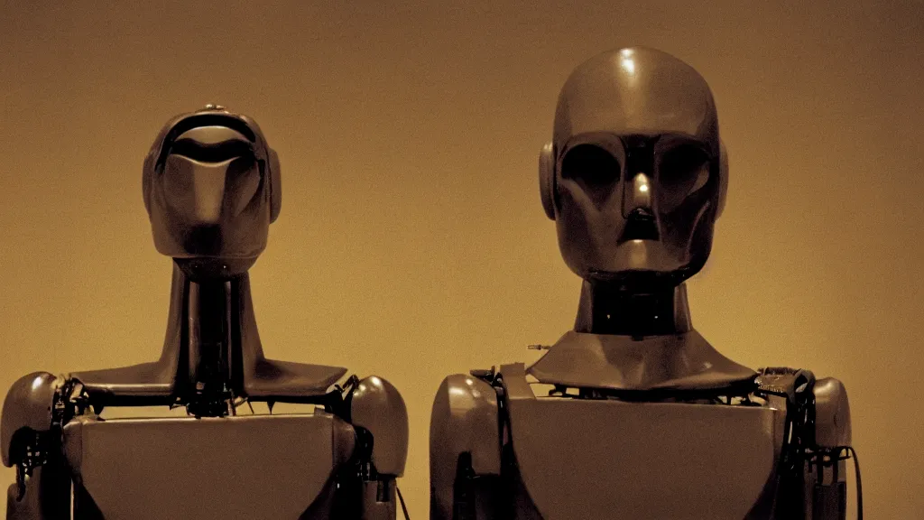 Image similar to The robot head man, movie still, cinematic composition, cinematic light, by David Lynch