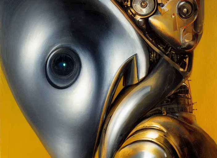 Image similar to asymmetrical portrait headshot of sci fi metallic human, bright eyes, melancholic complex geometric figure liminal biomechanical by oskar schlemmer, moebius, john berkey, film grain, oil on canvas, portrait facial head, featured on artstation, hd wallpaper, 8 k, bright colors, global radiant light