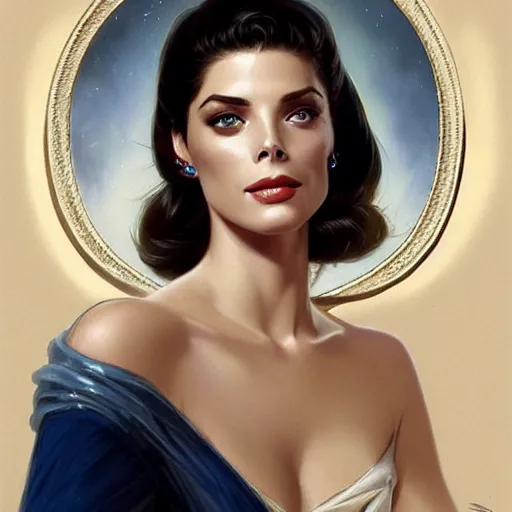 Image similar to Ashley Greene's face combined with Grace Kelly's face with short dark blue hair in elegant knight's armor, western, D&D, fantasy, intricate, elegant, highly detailed, digital painting, artstation, concept art, matte, sharp focus, illustration, art by Artgerm and Greg Rutkowski and Alphonse Mucha